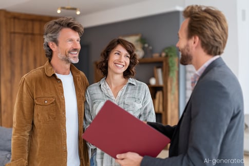 Ein Gastgeber zeigt einem Mann und einer Frau in einem Wohnzimmer eine Gästemappe