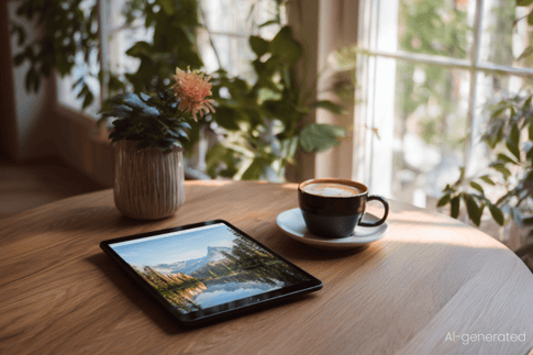 Ein Tablet liegt neben einer Tasse Kaffee auf einem Wohnzimmertisch