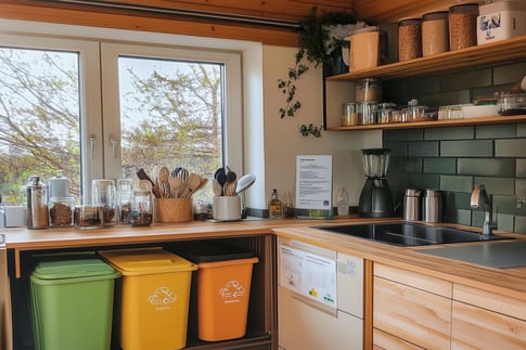 Küche einer Ferienwohnung mit Behältern zur Mülltrennung