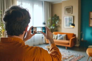 Mensch fotografiert mit seinem Handy die Couch im Wohnzimmer